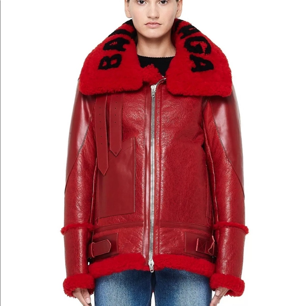 100% AUTHENTIC BALENCIAGA Shearling Red & Black Leather Moto Jacket